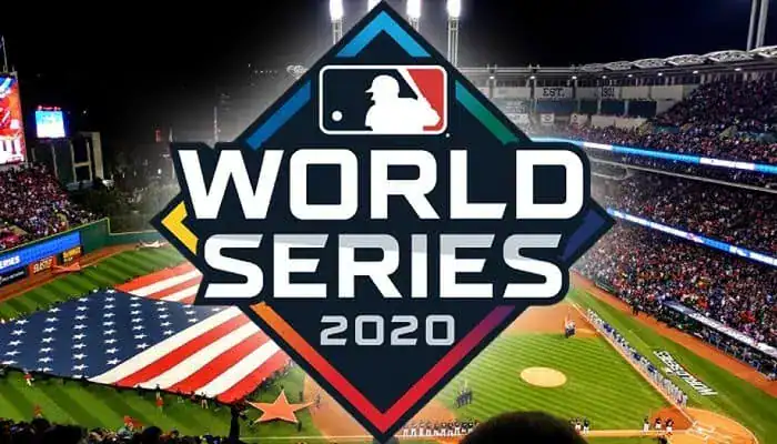 MLB World Series 2020 logo displayed over a stadium view with a giant American flag across the field.