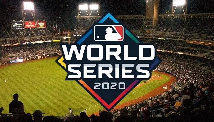 world series 2020 logo with a baseball field on the backgroung