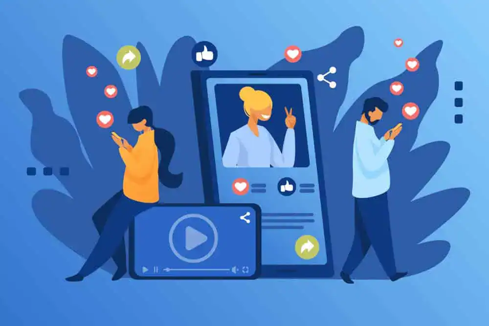 Illustration of people using social media on their phones with floating icons of likes, hearts, and shares around them.