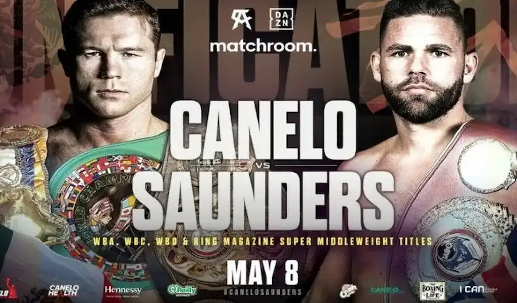 Promotional poster for the Canelo Alvarez vs. Billy Joe Saunders boxing match on May 8, featuring both fighters with championship belts.