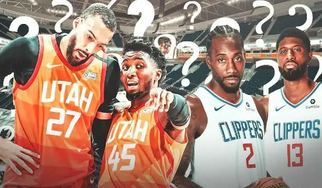 A promotional image showing two Utah Jazz players in orange uniforms with numbers 27 and 45, and two LA Clippers players in white uniforms with numbers 2 and 13, with question marks overlaid, suggesting a series prediction, and a blurred arena background.