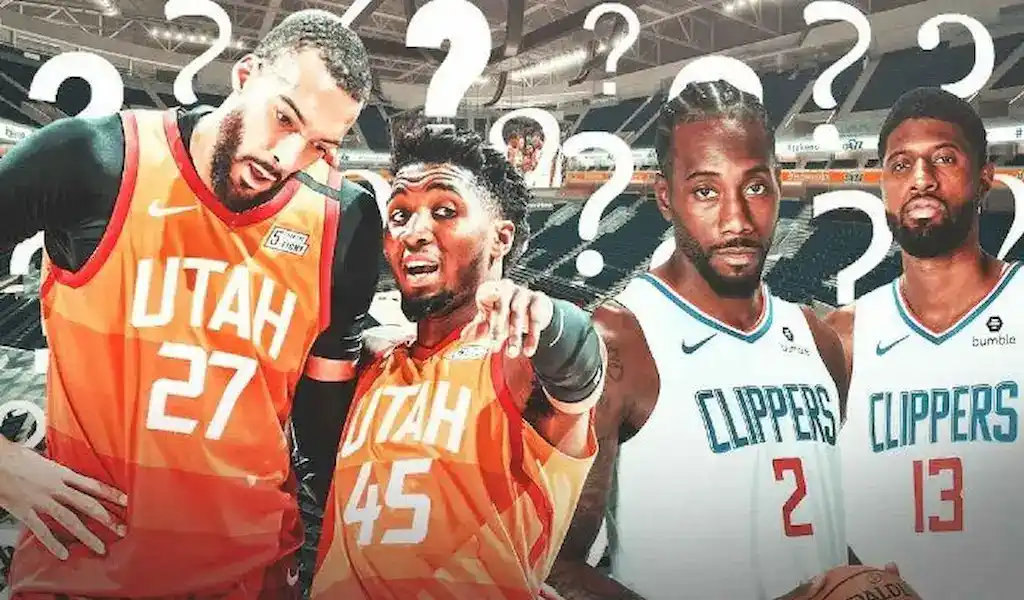 A promotional image featuring two Utah Jazz players in orange uniforms with numbers 27 and 45, and two LA Clippers players in white uniforms with numbers 2 and 13, with question marks overlaid, suggesting a mystery or prediction theme, and a blurred arena background.