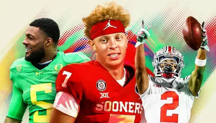 Three college football players: Oregon's No. 5, Oklahoma's Caleb Williams (No. 7), and Ohio State's No. 2.