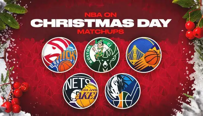Graphic showing NBA Christmas Day matchups with team logos on a festive red background.