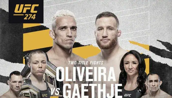 Official UFC 274 promotional poster featuring Charles Oliveira vs Justin Gaethje and co-main fighters with the event details.