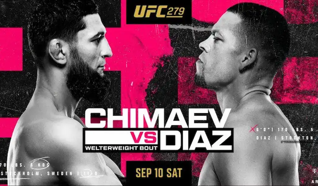 imagen promocional de UFC 279 muestra a dos luchadores enfrentándose. El texto "Chimaev vs. Díaz" está en el centro. El fondo es negro y rosa. Fecha: 10 de septiembre, sábado.