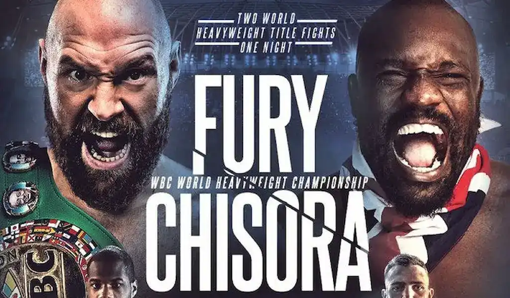 A promotional poster for the WBC World Heavyweight Championship fight between Tyson Fury and Derek Chisora, featuring both boxers with Fury holding a championship belt, set for a one-night event with two heavyweight title fights.