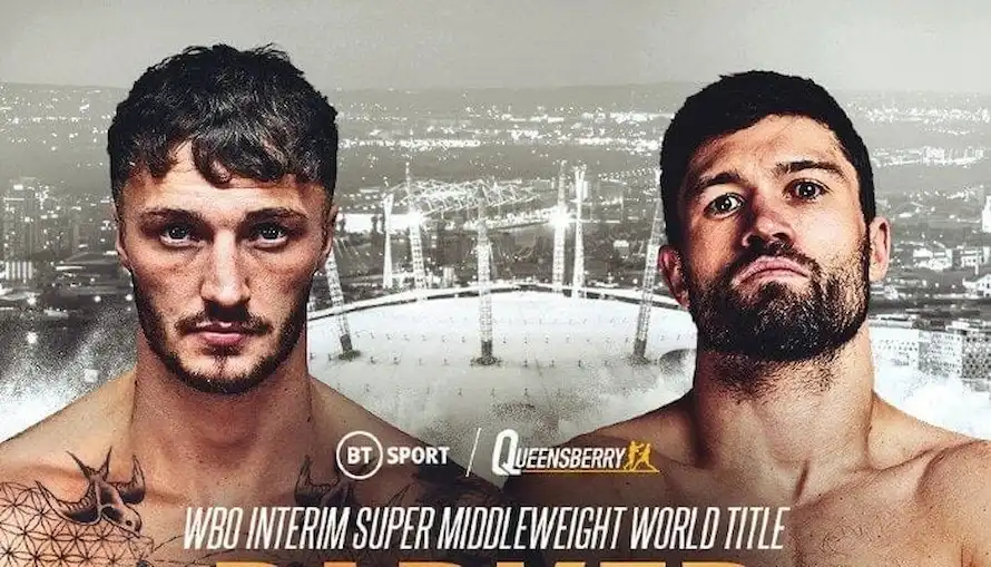 Boxing promotion poster featuring two fighters facing off for the WBO Interim Super Middleweight World Title.