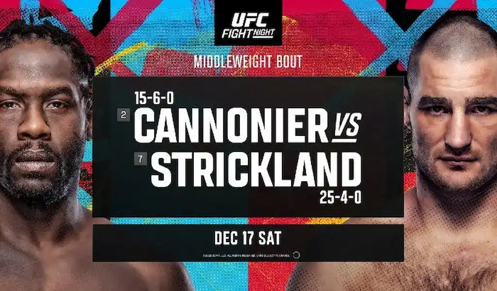 Póster promocional de la pelea de peso mediano de UFC Fight Night entre Jared Cannonier (15-6-0) y Sean Strickland (25-4-0), programada para el 17 de diciembre, con fondo colorido y detalles de la pelea.