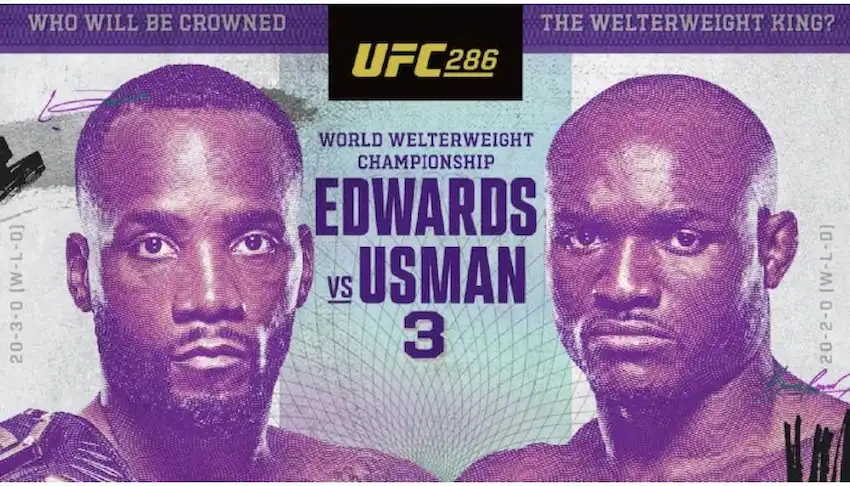 Promotional poster for UFC 286 featuring a showdown between Leon Edwards and Kamaru Usman