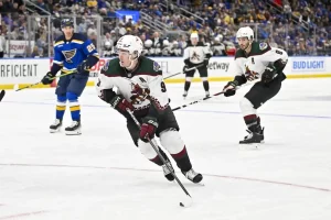 Arizona Coyotes players skate during a game.