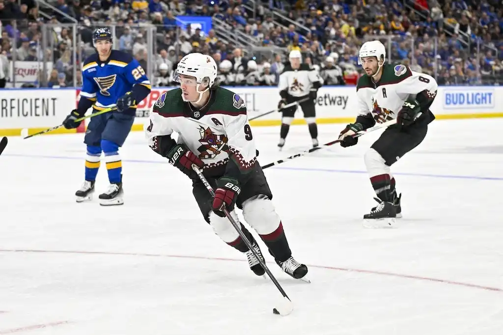 Arizona Coyotes players skate during a game.
