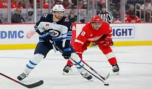 Winnipeg Jets player controls the puck while pressured by Detroit Red Wings defender during NHL action.