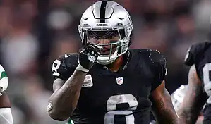 Las Vegas Raiders player celebrates after a play during the November 19, 2023, game against the Miami Dolphins.