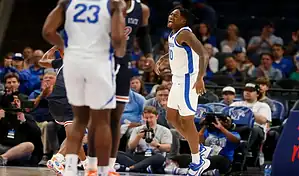 Memphis Tigers player celebrates during a college basketball game against Missouri Tigers, November 10, 2023.