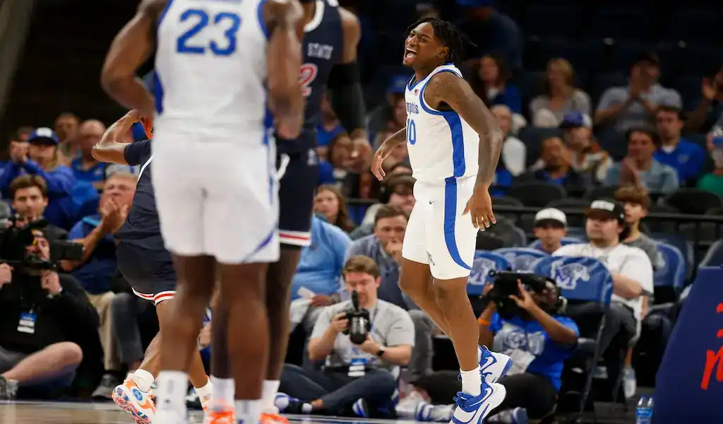 Memphis Tigers player celebrates during a college basketball game against Missouri Tigers, November 10, 2023.