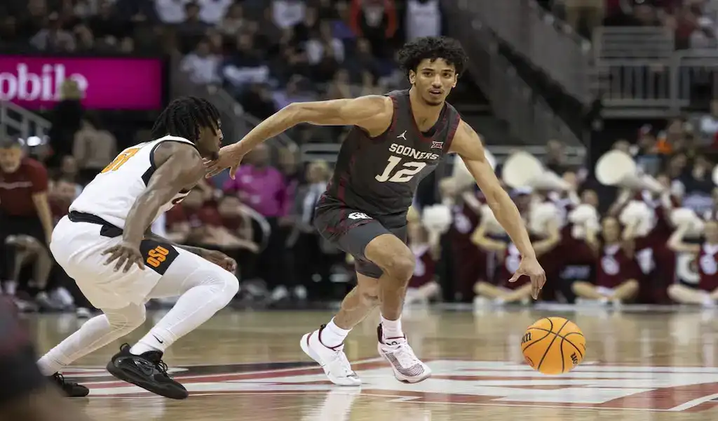 Oklahoma Sooners guard dribbles past a Central Michigan defender during their NCAA basketball matchup on November 6, 2023.
