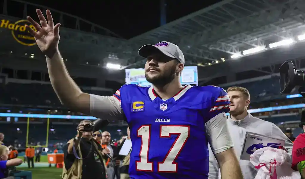 Buffalo Bills quarterback Josh Allen waves to the crowd after a game against the Pittsburgh Steelers on January 14, 2024.