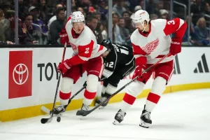 Two Detroit Red Wings players skate along the boards while controlling the puck.