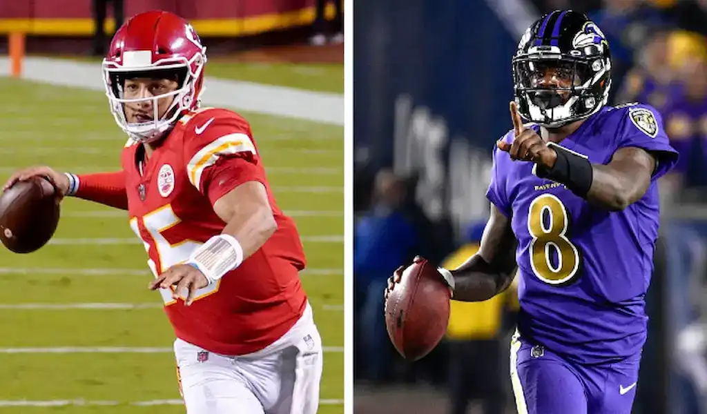 Kansas City Chiefs quarterback and Baltimore Ravens quarterback featured in NFL MVP betting guide with trends and predictions.
