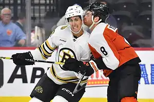 Two hockey players are engaged in a fight while an audience watches in the background.