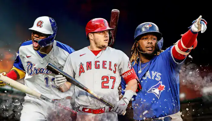 Three MLB players from the Braves, Angels, and Blue Jays posing with bats against a dramatic background.