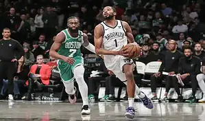 Boston Celtics vs Brooklyn Nets basketball game preview on February 14th, 2024, featuring players in action during a matchup.