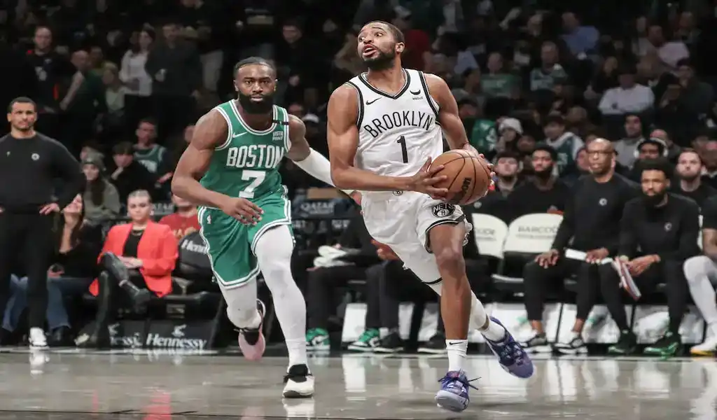 Boston Celtics vs Brooklyn Nets basketball game preview on February 14th, 2024, featuring players in action during a matchup.
