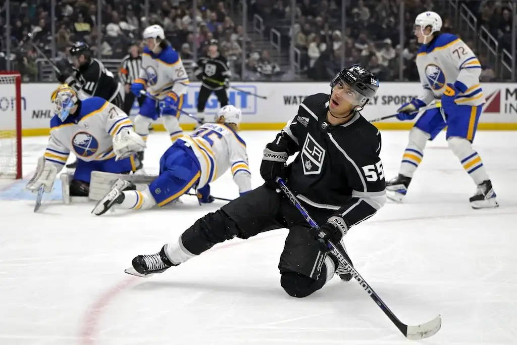 Los Angeles Kings player celebrates on the ice.