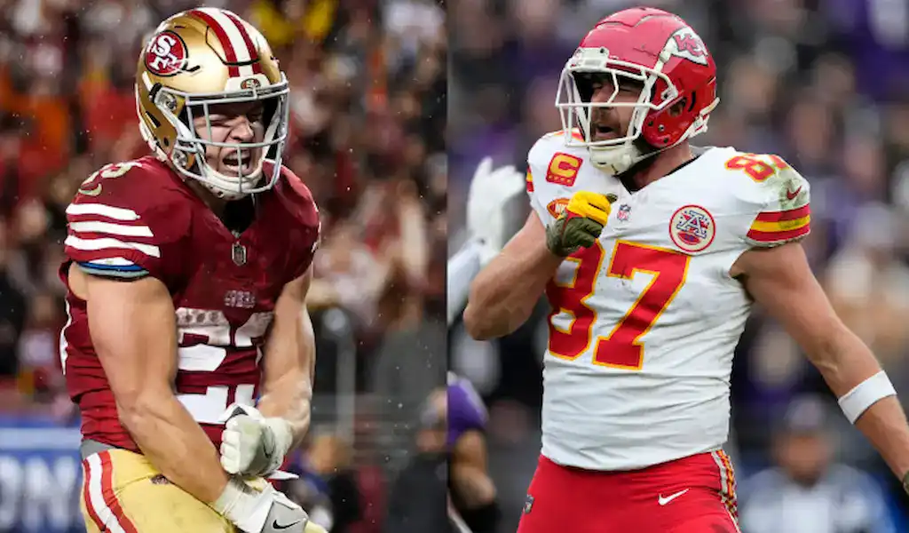 Los jugadores de los San Francisco 49ers y los Kansas City Chiefs celebran durante la vista previa del enfrentamiento para las selecciones de total de puntos over/under del Super Bowl 2024.
