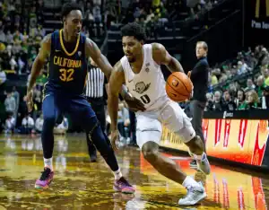 Oregon Ducks player drives past California Golden Bears defender during college basketball game on February 24, 2024