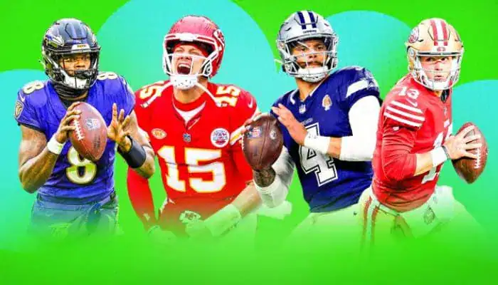 Graphic of four NFL quarterbacks: Lamar Jackson, Patrick Mahomes, Dak Prescott, and Brock Purdy.