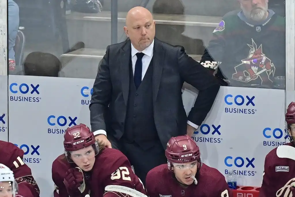 Arizona Coyotes coach stands behind the bench with players during an NHL game.