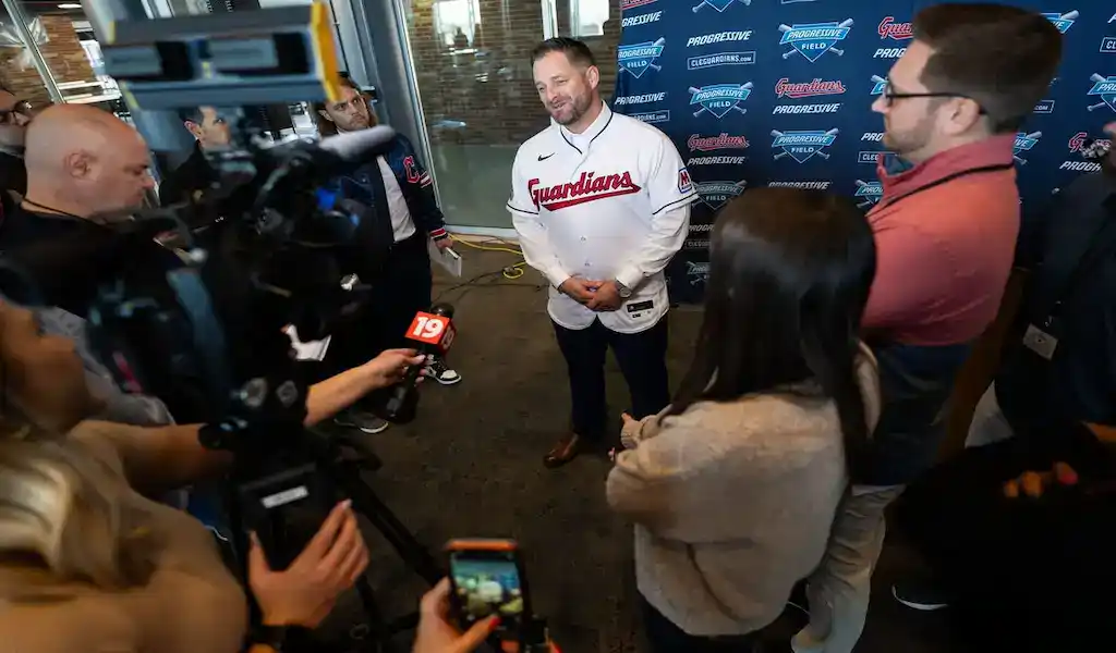 4 Cleveland Guardians player participates in a press event before the March 28, 2024, game against the Oakland Athletics.