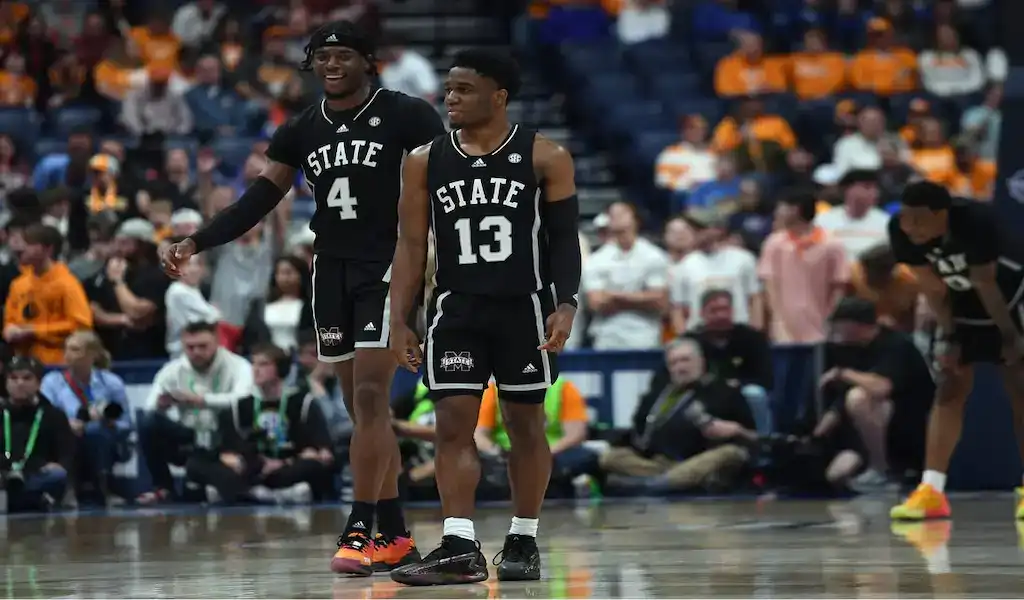 NCAAB 8 Mississippi State Bulldogs basketball players on court during game against Auburn Tigers, March 16, 2024