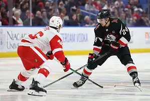 Detroit Red Wings player defends against a Buffalo Sabres player with the puck.