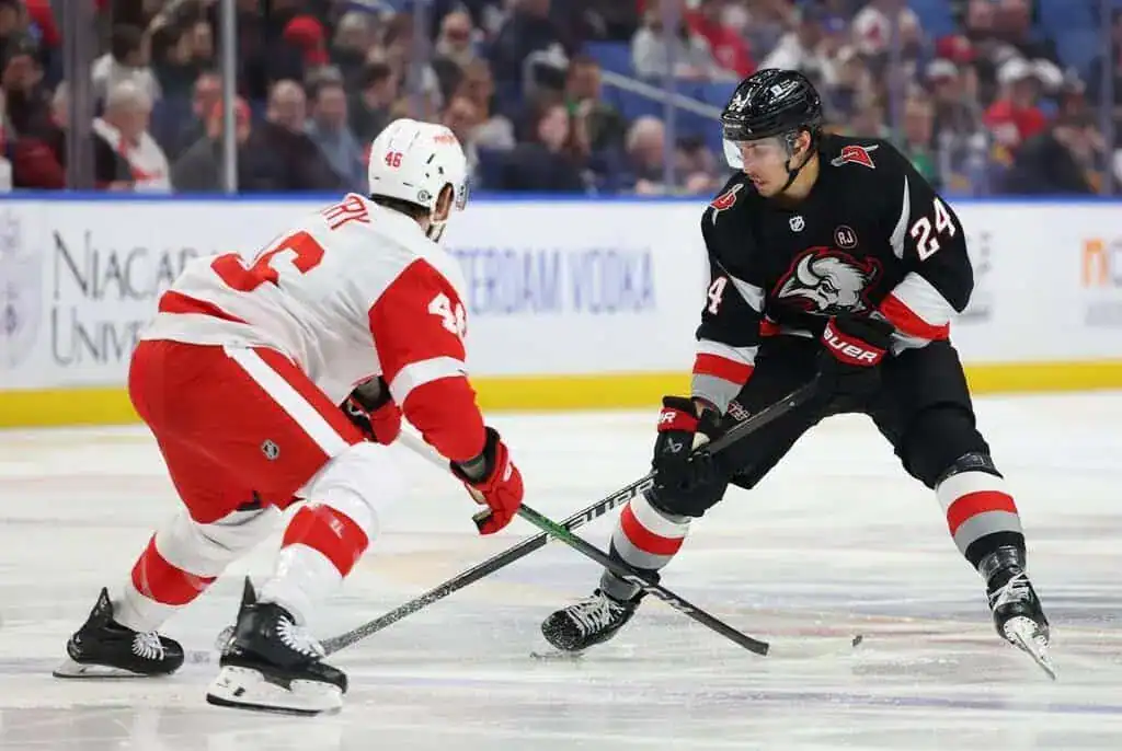 Detroit Red Wings player defends against a Buffalo Sabres player with the puck.