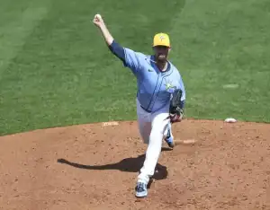Tampa Bay Rays pitcher throws a fastball during MLB game against Toronto Blue Jays