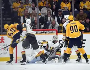 Vegas Golden Knights defend goal against Nashville Predators in NHL game ahead of March 28, 2024 matchup vs Winnipeg Jets