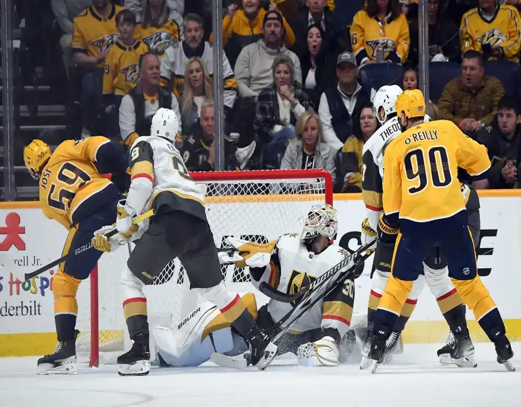 Vegas Golden Knights defend goal against Nashville Predators in NHL game ahead of March 28, 2024 matchup vs Winnipeg Jets