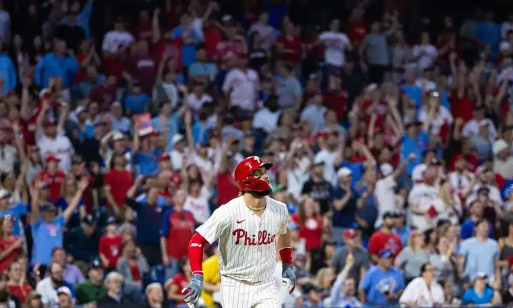 2 Philadelphia Phillies batter looks up while running the bases as the home crowd celebrates a big play at Citizens Bank Park.