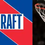 NBA Draft logo alongside a basketball hovering above a hoop, symbolizing the selection of new talent into professional basketball.