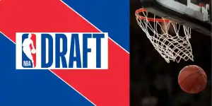 NBA Draft logo alongside a basketball hovering above a hoop, symbolizing the selection of new talent into professional basketball.