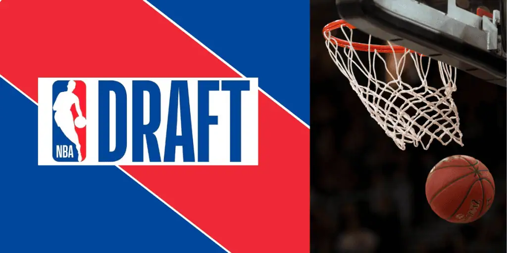 NBA Draft logo alongside a basketball hovering above a hoop, symbolizing the selection of new talent into professional basketball.