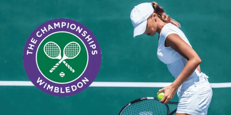 A tennis player in a white outfit prepares to serve on a green court, with the Wimbledon Championships logo in the corner.