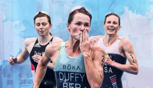 Three triathletes competing.