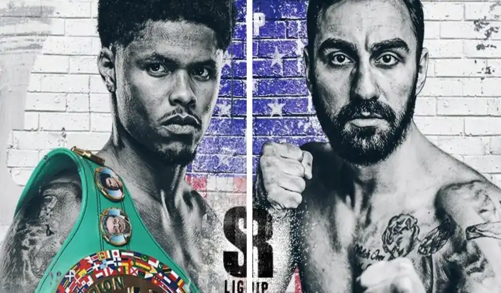 Promotional poster featuring Shakur Stevenson and Artem Harutyunyan facing off for their upcoming boxing match.