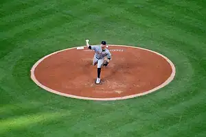 A baseball pitcher winds up for a throw on the pitcher's mound, surrounded by a vibrant green field.