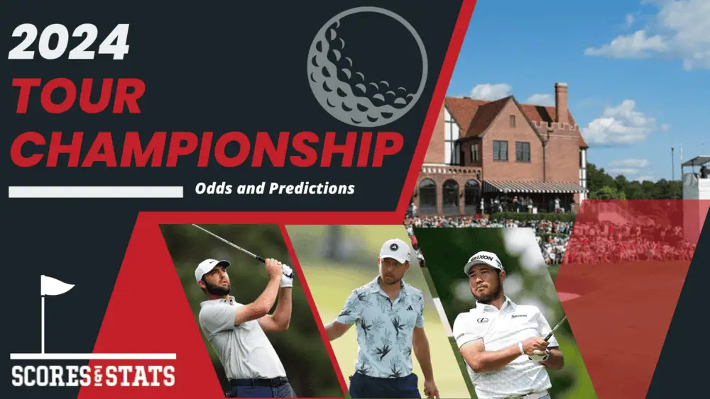 Graphic promoting the 2024 Tour Championship featuring golfers, a golf course, and a historic clubhouse in the background.