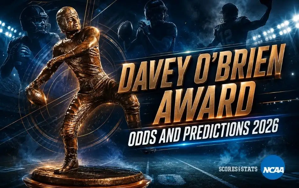 Davey O’Brien Award odds and predictions 2026 graphic featuring the quarterback trophy and silhouetted college football quarterbacks in a dramatic stadium setting.